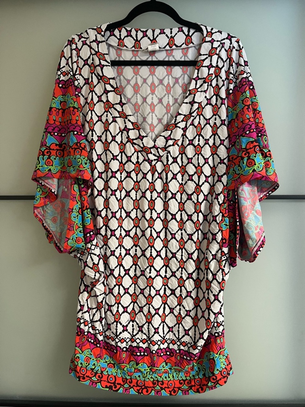 Trina Turk White Swim Cover-Up with Pink, Teal & Orange Border Print